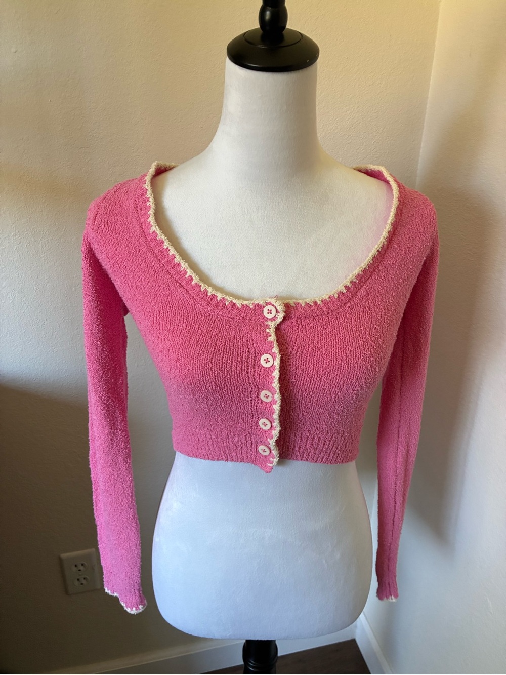 Zara Pink Cropped Button-Front Cardigan with Cream Trim